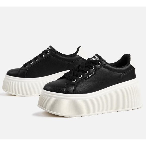 Lucky Step Women Black Platform Low Top Classic Wedge Retro Canvas Sneakers - Picture 5 of 9